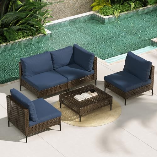 Grand patio 7-Piece Wicker Patio Furniture Set, Boho Outdoor Conversation Set Sectional Sofa with Water Resistant Thick Cushions and Coffee Table