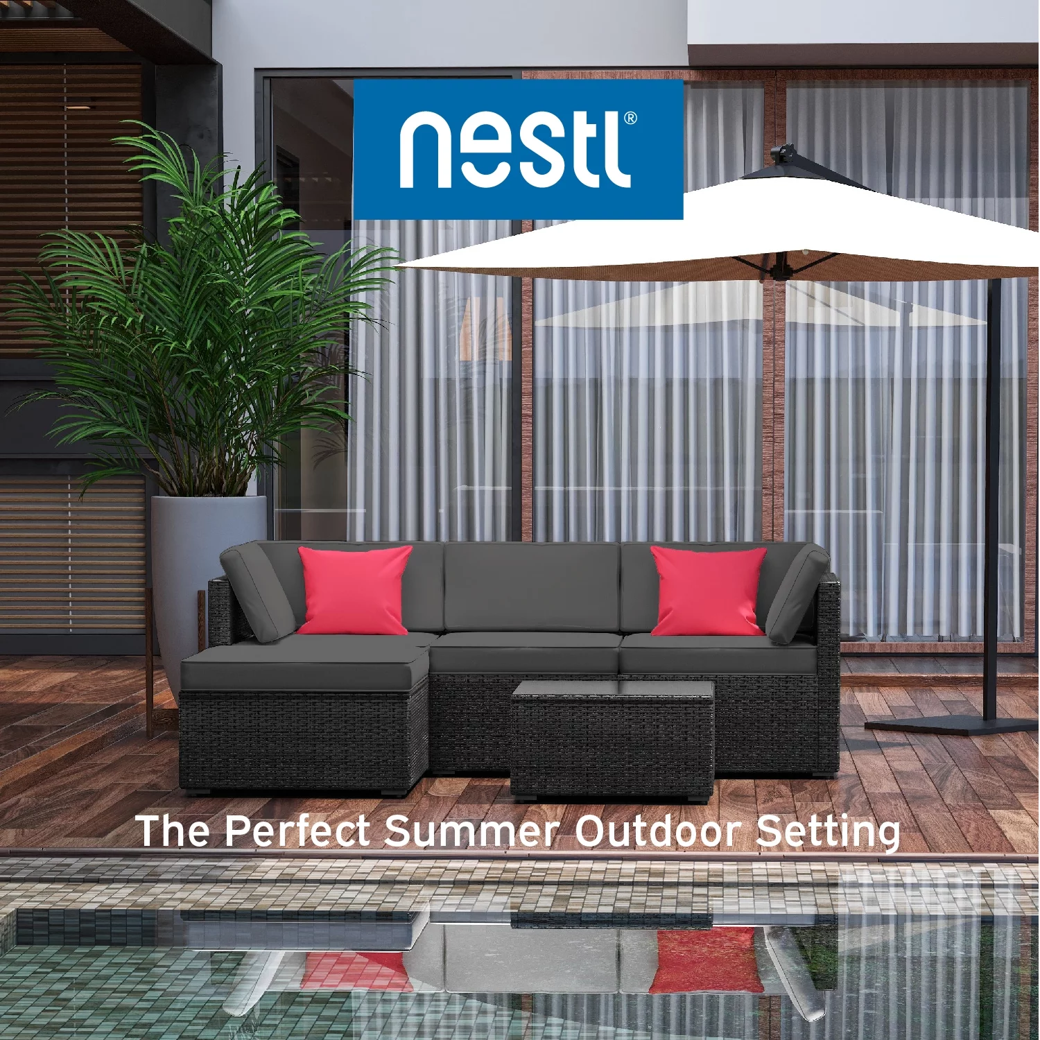 Hearth & Harbor 5-Piece Outdoor Patio Furniture Set, Wicker Patio Sectional Conversation Set, Black/Gray