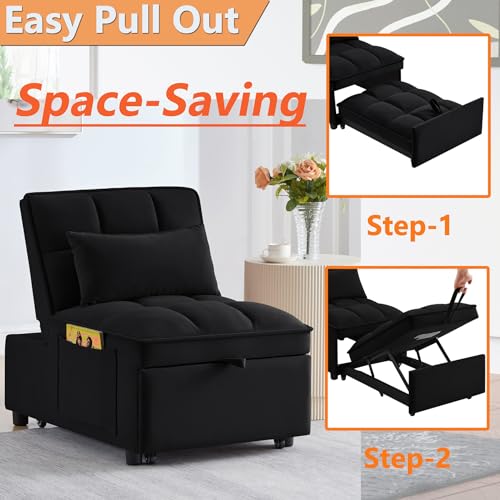 Majnesvon 4 in 1 Sleeper Chair with Pullout Sofa Bed, Convertible Lazy Sleeper Sofa Chair with Storage Pockets & Adjustable Backrest