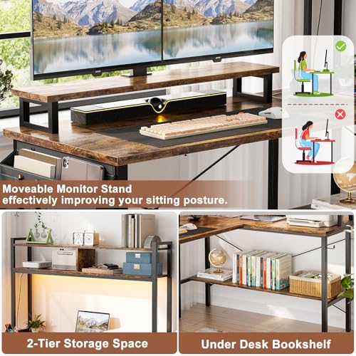 Aheaplus L Shaped Gaming Desk with Power Outlets & LED Lights, Small L- Shaped Desk Computer Corner Desk with Monitor Stand & Storage Shelf
