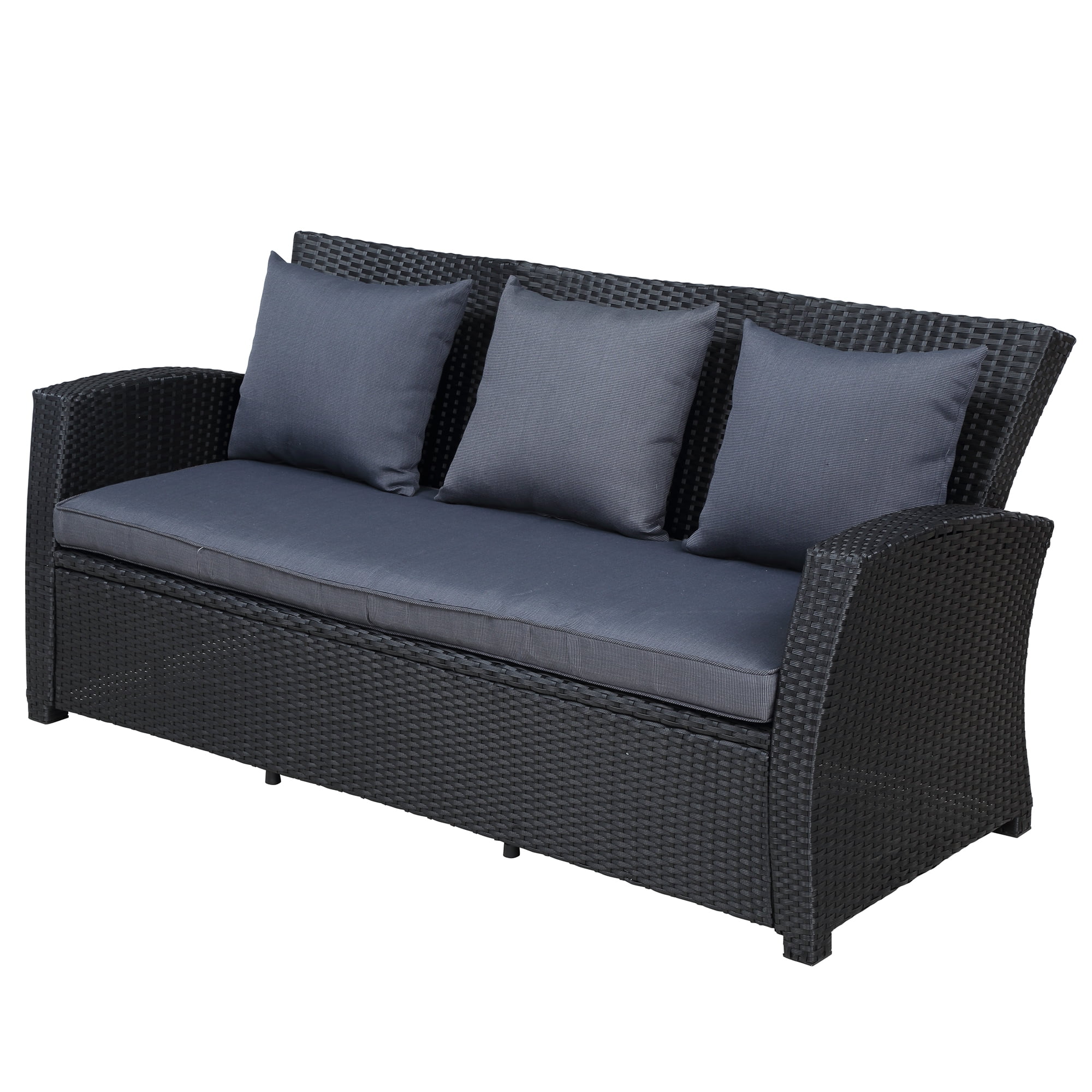 Outdoor 4-Piece Conversation Sofa Set, Patio Wicker Rattan Sectional Furniture Dining Sets with Wood Table Armchairs and Dark Gray Cushions