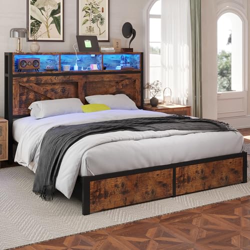 Farmhouse Full Size Bed Frame with Storage Bookcase Headboard and Drawers, RGB LED Lights and Charging Station, No Box Spring Needed, Noise Free