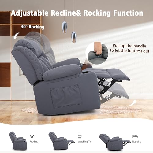 Rocker Swivel Recliner Chair for Adults, Overstuffed Large Manual Recliner Glider with Massage and Heat