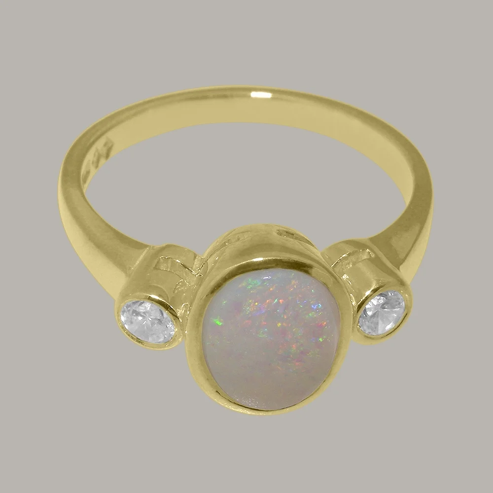 LBG British Made 9k Yellow Gold ring with Natural Opal & Diamond Womens Engagement Ring - 33 size options - Size 11