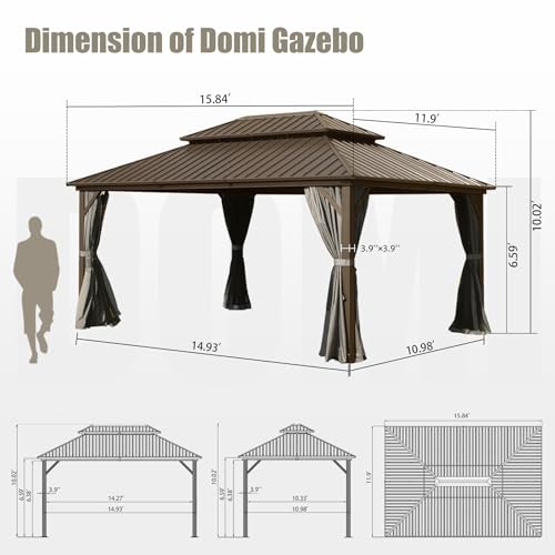 Domi 10’ x 10’ Hardtop Gazebo Metal Frame Canopy with Netting & Curtains