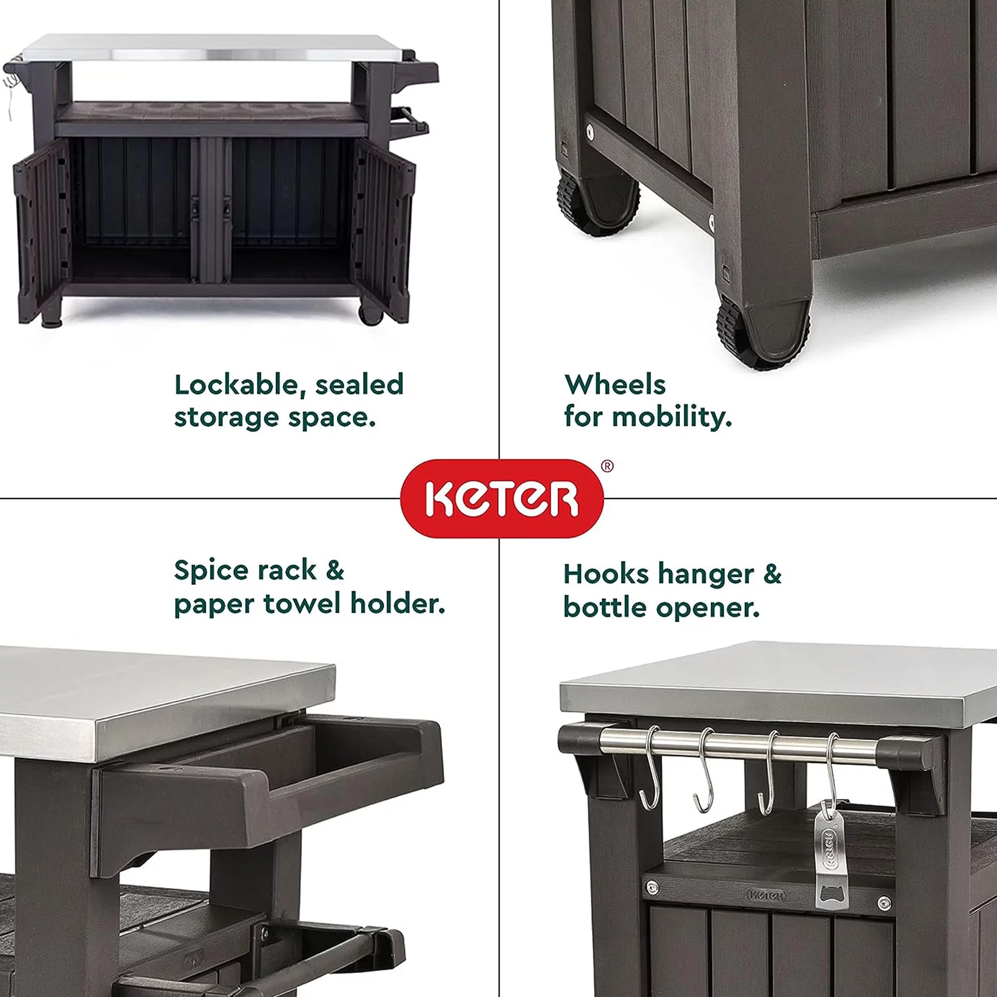 Keter Unity XL Outdoor Kitchen Bar Rolling Cart with Storage Cabinet, Brown - Radiant Selections