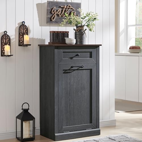 Double Tilt Out Trash Cabinet, Dog Proof Trash Can Cabinet, Farmhouse Hidden Laundry Hamper Cabinet with Barn Door