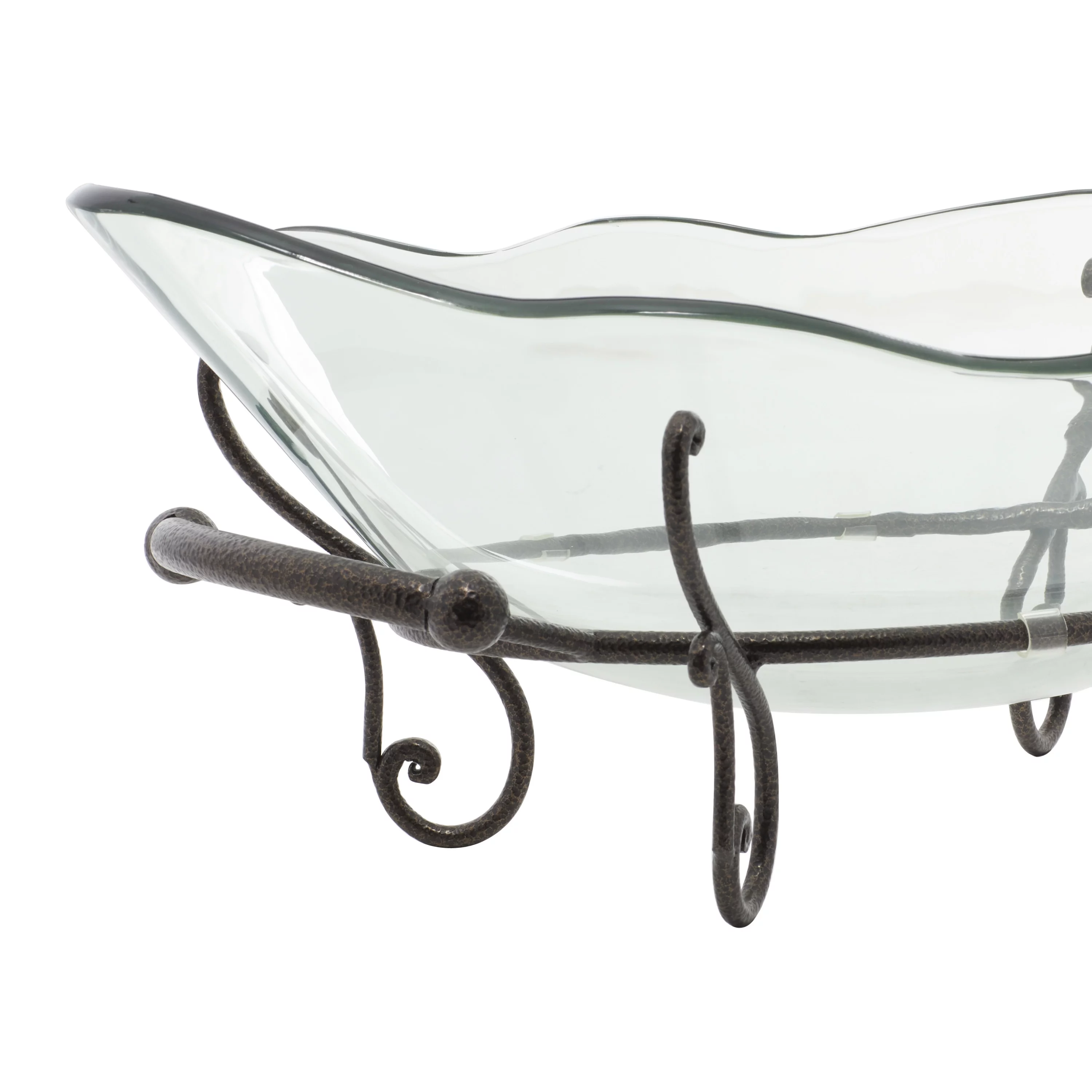 DecMode 23" x 9" Clear Tempered Glass Kitchen Serving Bowl with Brown Metal Scroll Base, 1-Piece