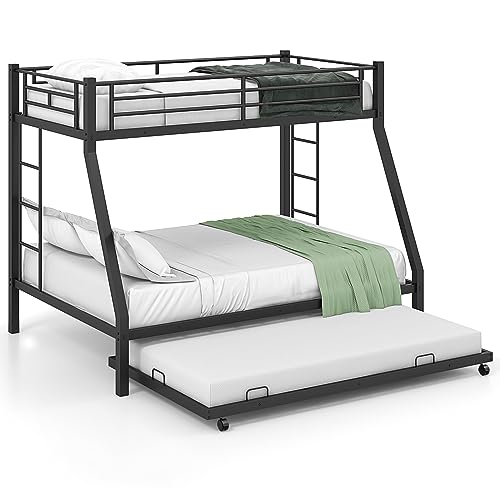 KOMFOTT Twin Over Full Bunk Bed with Trundle, Heavy-Duty Metal Bunk Bed Frame with Guardrail & 2 Ladders, Space-Saving Bunk Bed for Kids/Teens/Adults