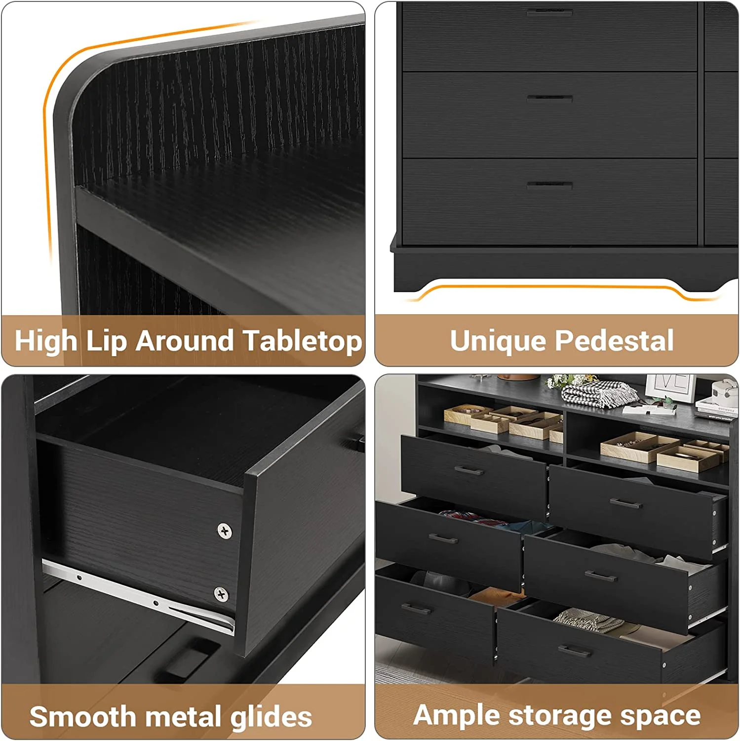 Classic 6 Drawer Dresser,Wood Finish,Modern Farmhouse Storage Tower Chests of Drawers and Open Cubby,for Bedroom,Living Room,Black