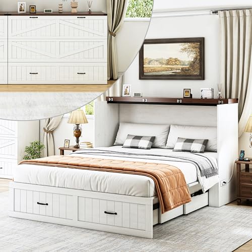 Full Murphy Bed with Storage & Charging Station, Farmhouse Murphy Cabinet Bed with Large Drawer, Hideaway Foldable Platform Bed for for Guest Room