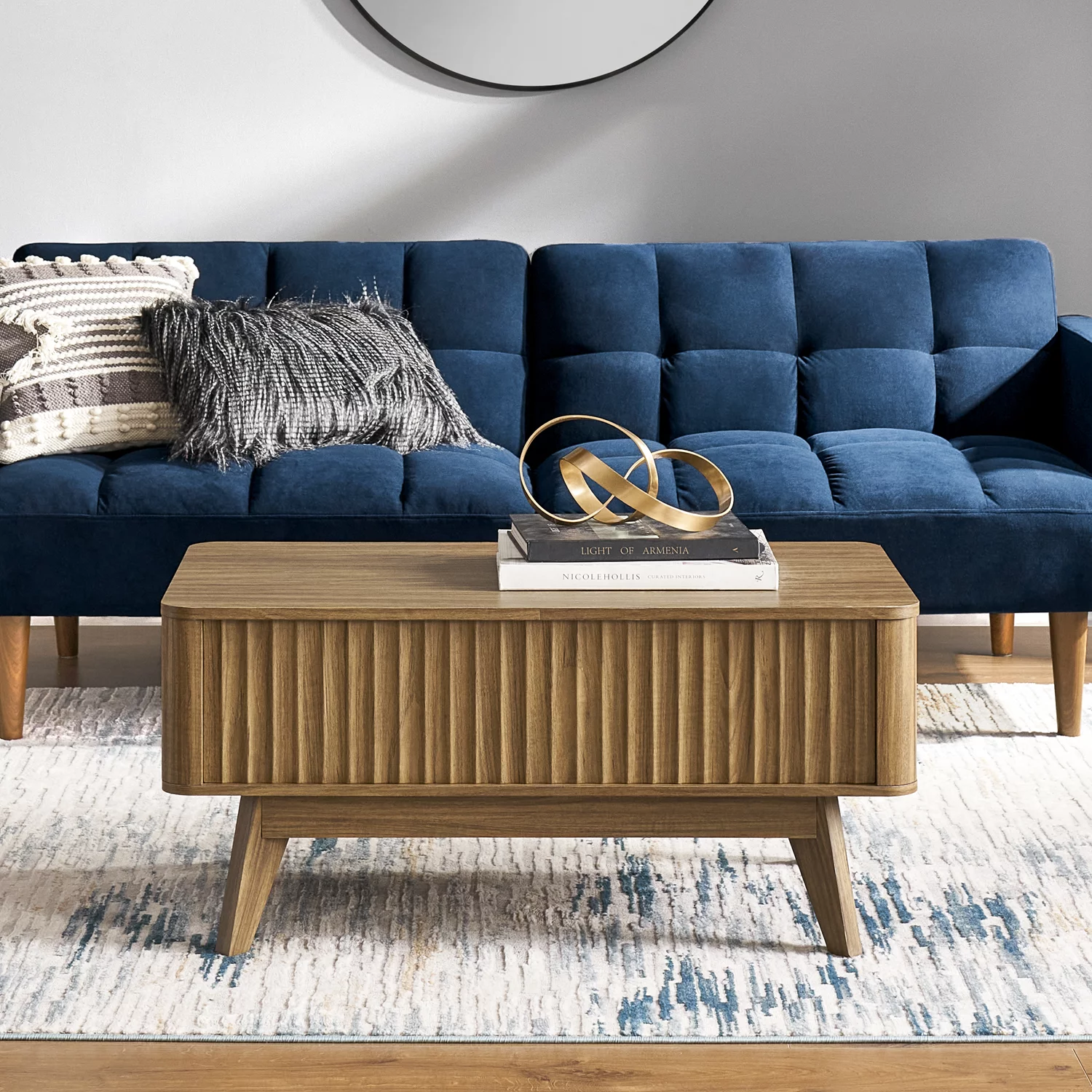 Mopio Brooklyn Mid-Century Modern Lift Top Coffee Table with Storage for Living Room, Waveform Panel (Walnut)