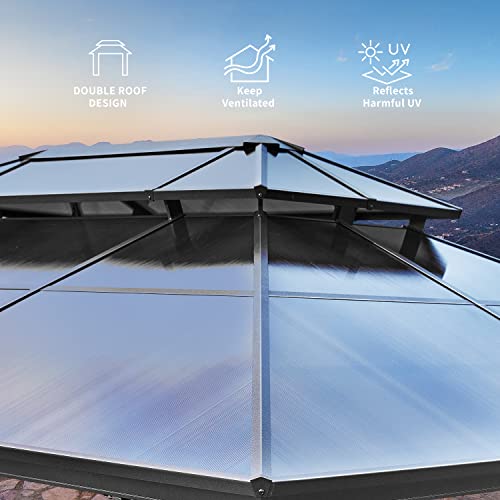 YOLENY 10'x13' Hardtop Gazebo, Outdoor Polycarbonate Double Roof Canopy, Aluminum Frame Permanent Pavilion with Curtains and Netting