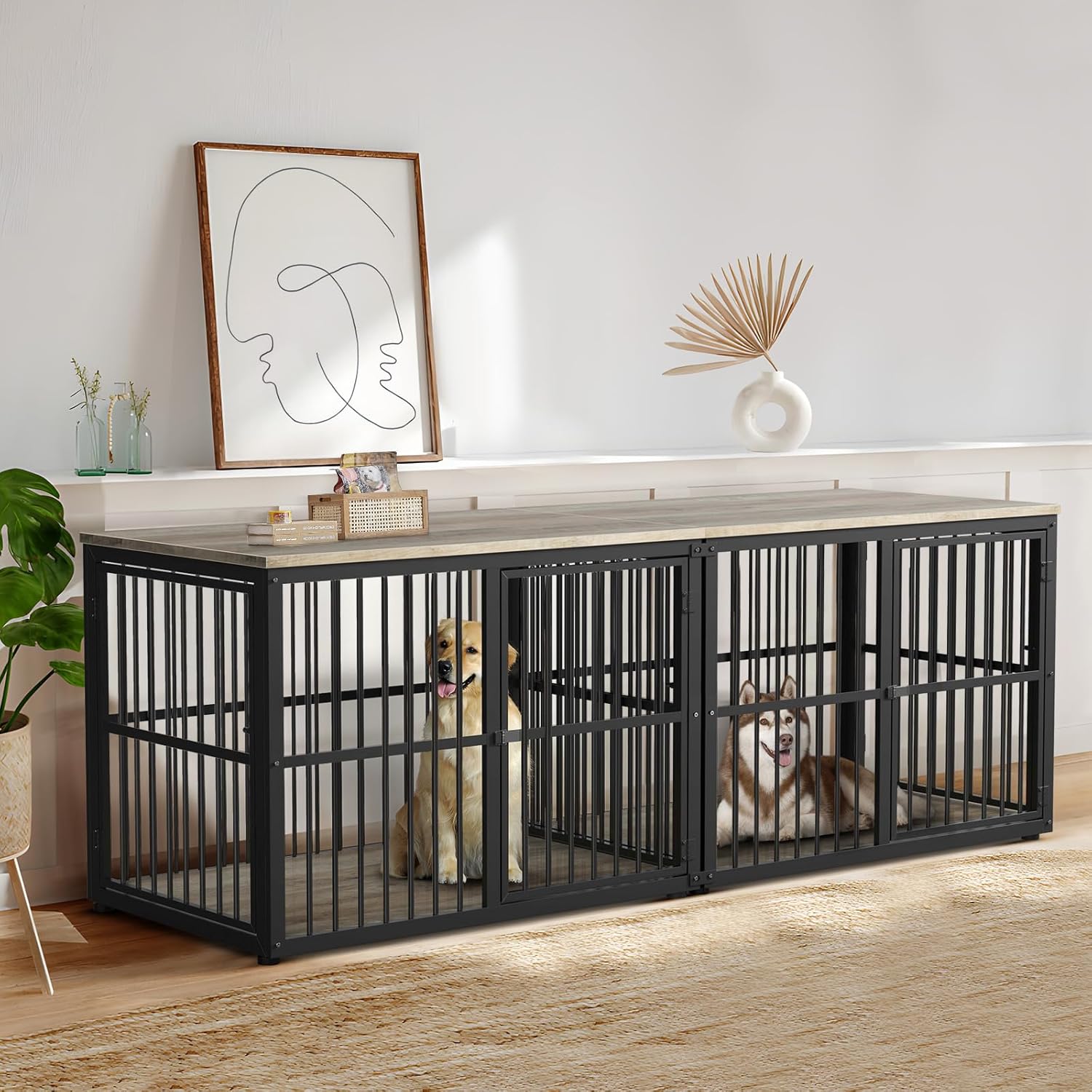 77.64''Dog Crate Furniture Large Breed TV Stand with Double Rooms,Wooden Dog Kennel Dog Crate End Table with Removable Divider for Large Medium Dogs