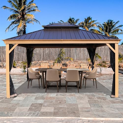 Kozyard Apollo 10’x12’ Hardtop Gazebo, Wooden Coated Aluminum Frame Canopy with Galvanized Steel Double Roof