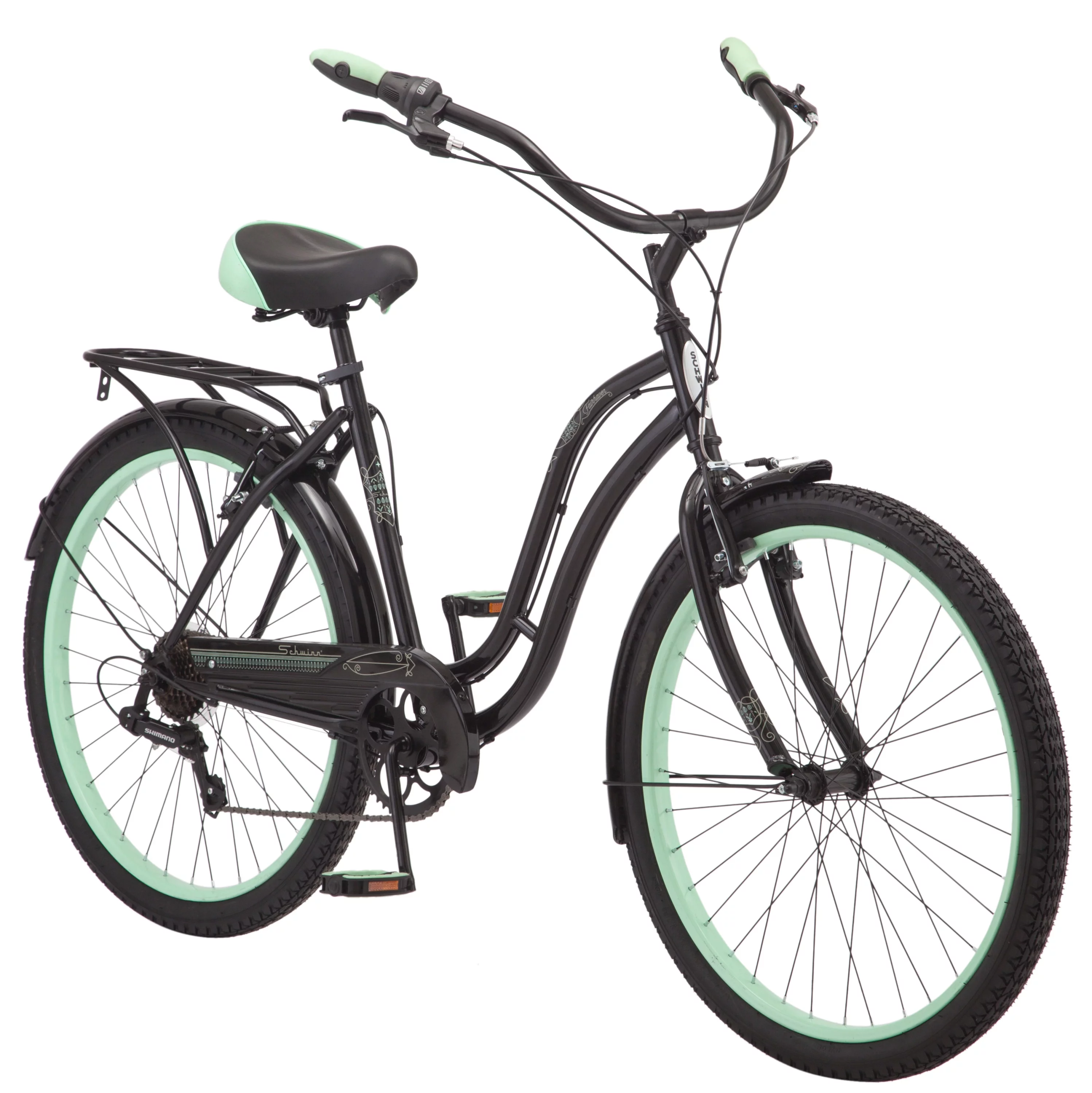 Schwinn Fairhaven Cruiser Bike, 26-inch wheels, 7 speeds, womens frame, Black / Green - Radiant Selections
