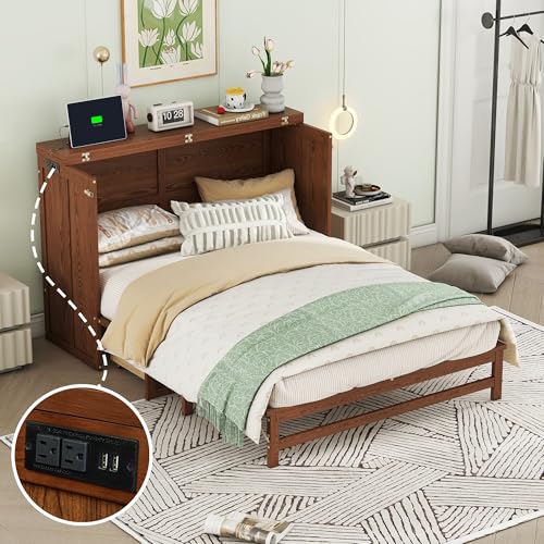 Queen Murphy Bed with Desk and Removable Shelves on Each Side, Murphy Bed Chest Murphy Bed Frame w/USB Port for Home Office, Studio or Guest Room