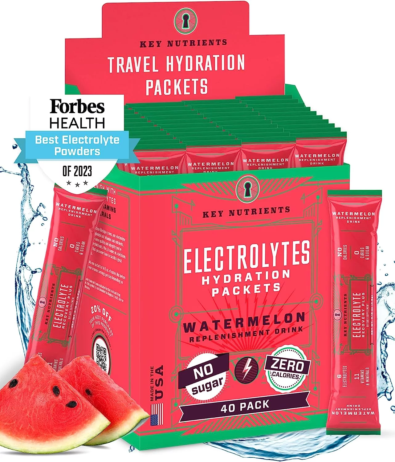 KEY NUTRIENTS Electrolytes Powder Packets - Refreshing Watermelon 40 Pack Hydration Packets - Travel Hydration Powder - No Sugar, No Calories