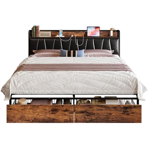 LIKIMIO Full Size Bed Frame, Storage Headboard with Charging Station, Platform Bed with Drawers, No Box Spring Needed, Easy Assembly