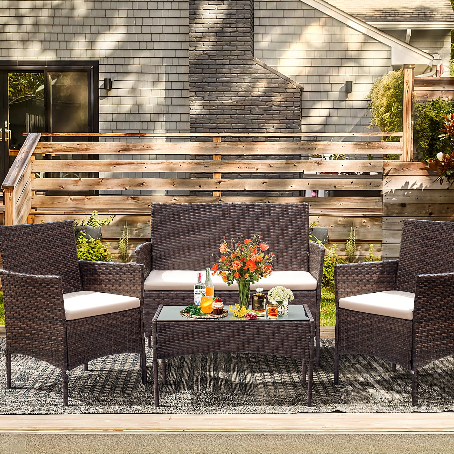 Homall 4 Pieces Outdoor Patio Furniture Brown PE Rattan Wicker Table and Chairs Set Backyard Poolside Garden Porch Sets with Cushioned