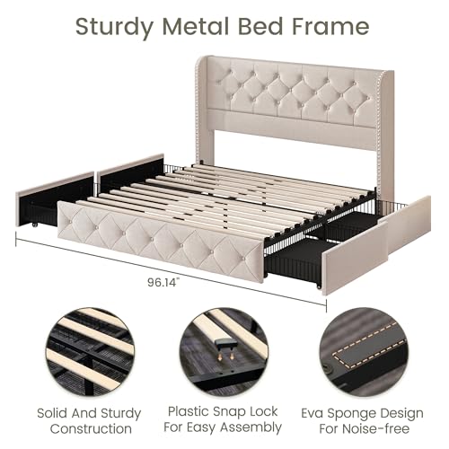 King Size Bed Frame with 4 Storage Drawers and Tufted Headboard Linen Upholstered Platform Bed Frame Wingback Beds with Wooden Slats Support