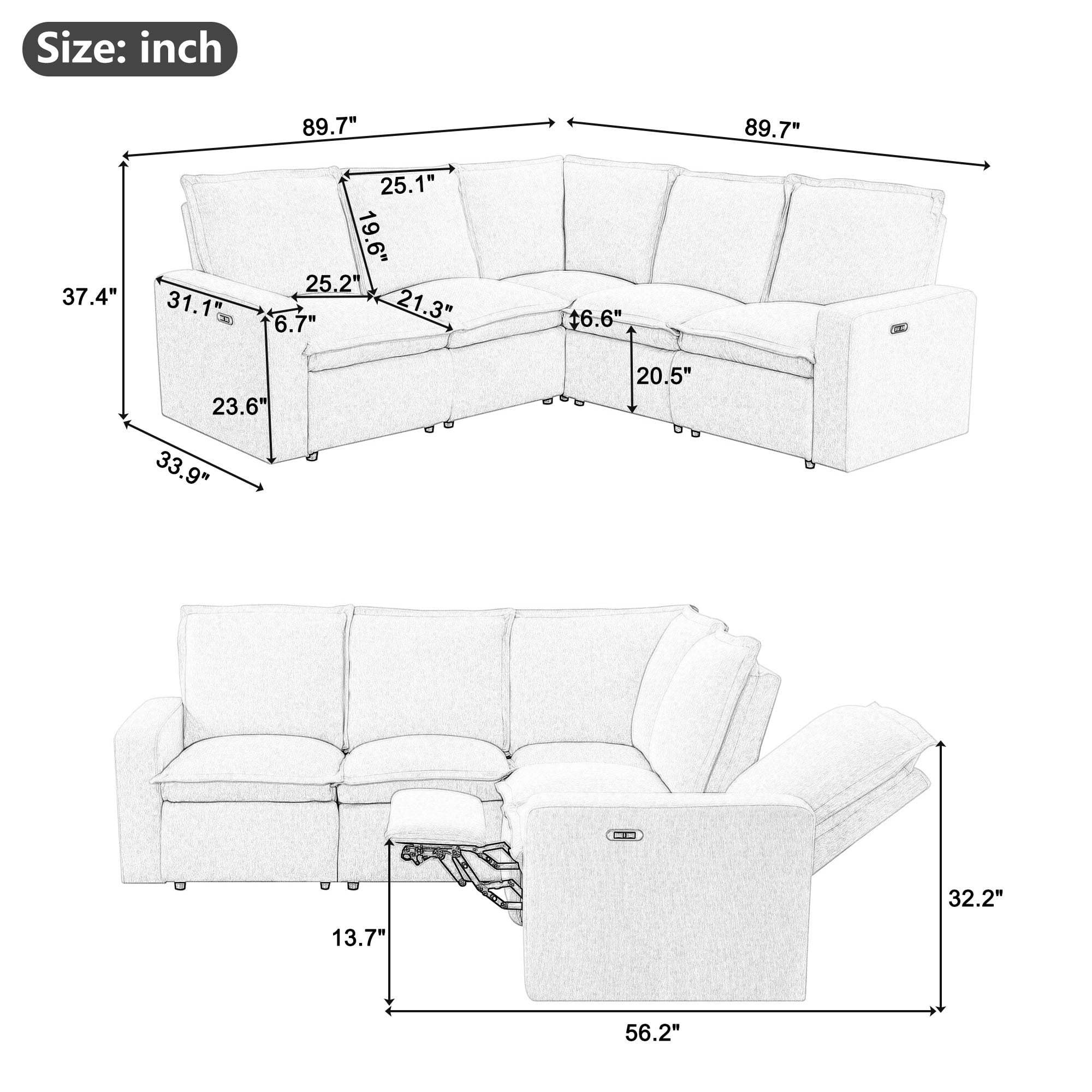 Euroco Power Recliner Sofa Set 5 Seat Sectional Sofa for Living Room with USB Port, Gray