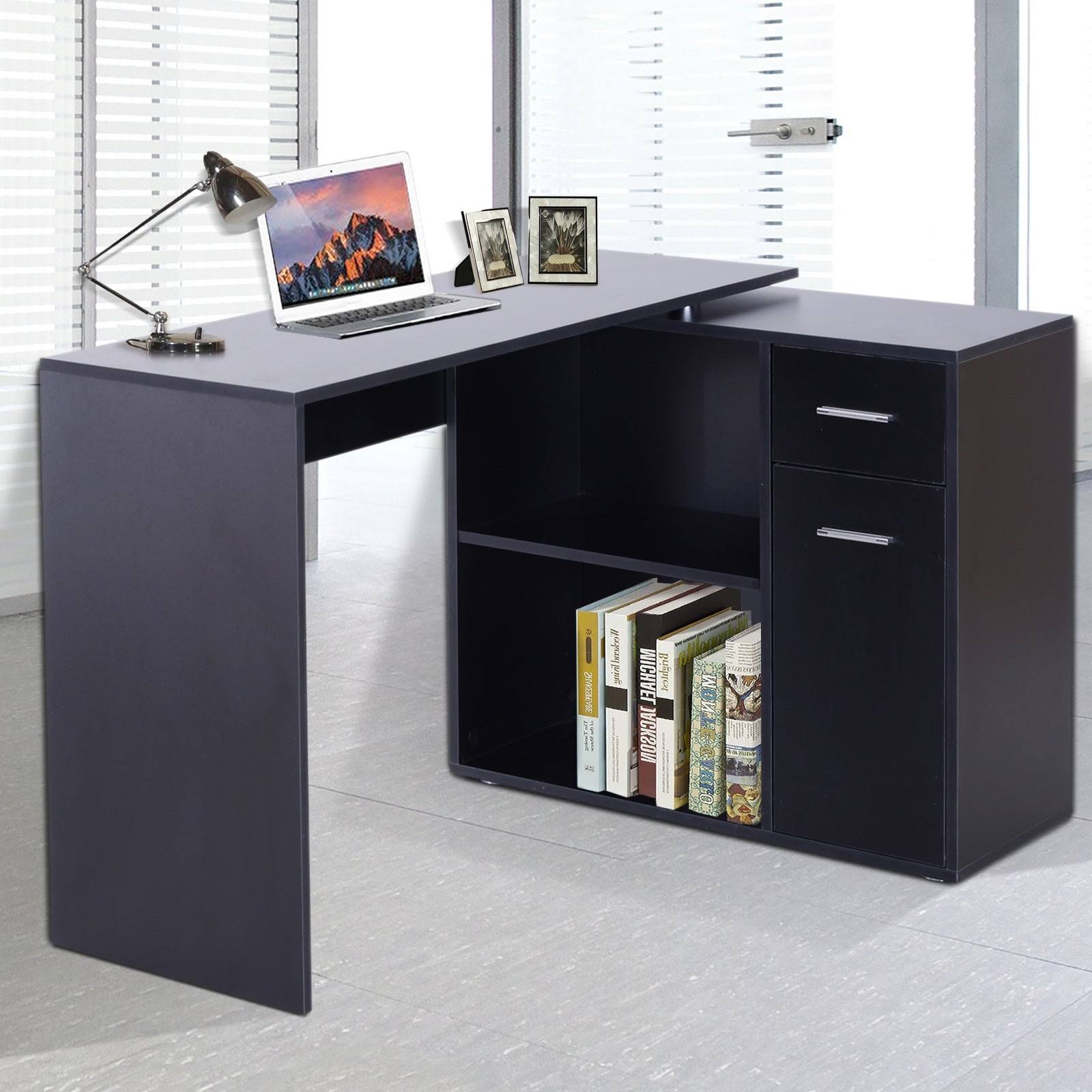 Homcom L Shaped Computer Desk Workstation with Storage Shelves and Cabinet for Home u0026 Office - White