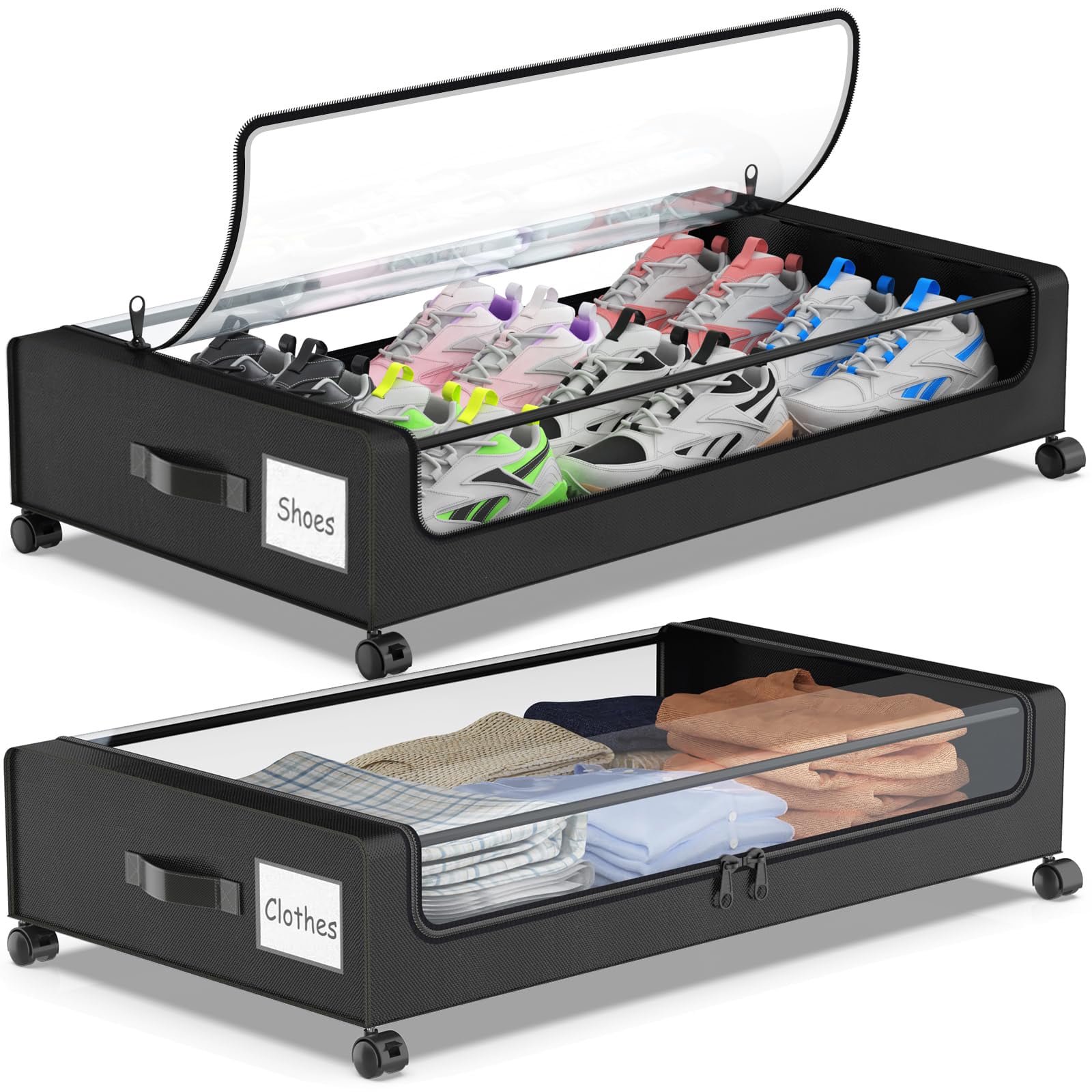 Underbed storage with wheels, 2 pack rolling storage containers, clear lid shoe organizer for seasonal clothes blankets holiday decorations