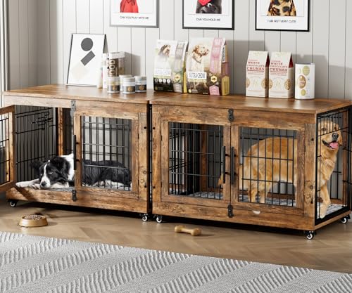 Lulive Dog Crate Furniture for Medium Dogs, 32'' Dog Kennel Indoor with Cushion & Wheels Wooden Dog Cage Double Doors Dog Crate End Table, Grey