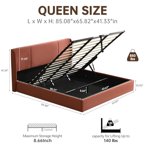 VELOCAVA Queen Size Lift Up Storage Bed with Modern Wingback Headboard, Upholstered Platform Bed with Fabric with Hydraulic Support Bars
