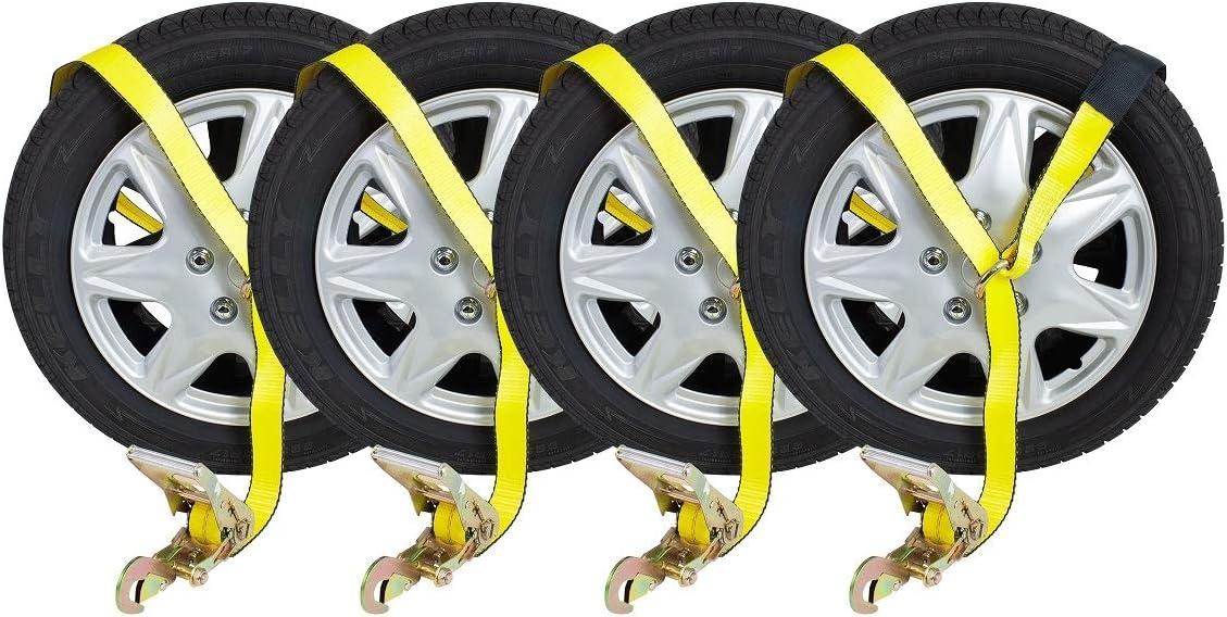 Mytee Products (8 Pack) 2 x 8' Car Tie Down Lasso Ratchet Strap with Chain Anchor - High Viz Green Tire Straps for Car Trailer