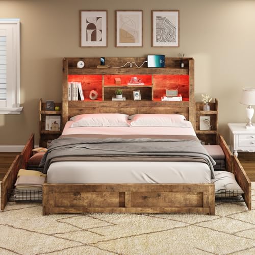 AMERLIFE Queen Bed Frame with 4 Storage Drawers, LED Platform Bed with 49" Bookcase Headboard