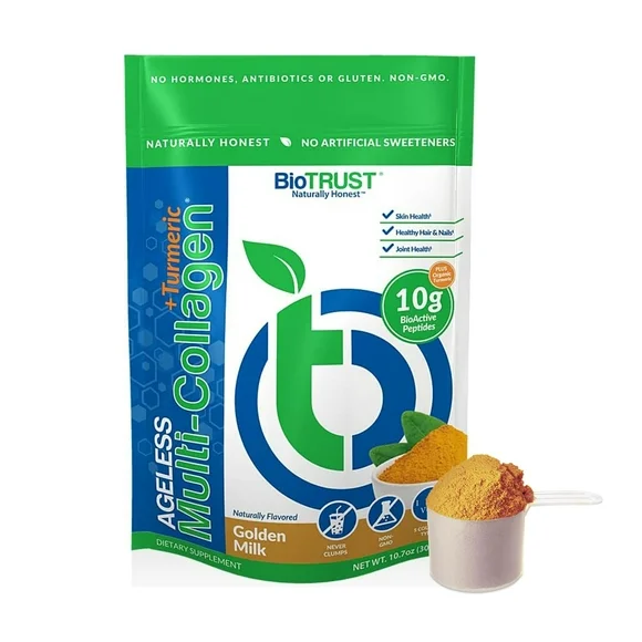 BioTrust Collagen Powder with Turmeric – 5 Types (I, II, III, V, X) – Turmeric Collagen Powder for Women & Men – Hydrolyzed Protein – Grass Fed Beef