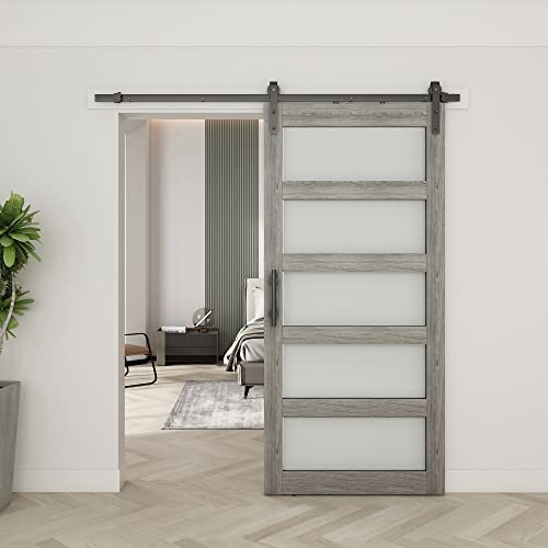 BARNSMITH 42in x 84in Glass Barn Door with 7FT Sliding Door Hardware Kit Included & Handle