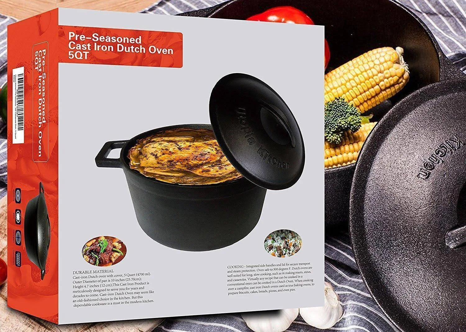 Utopia Kitchen Pre seasoned Cast Iron Dutch Oven with Dual Handle and Cover