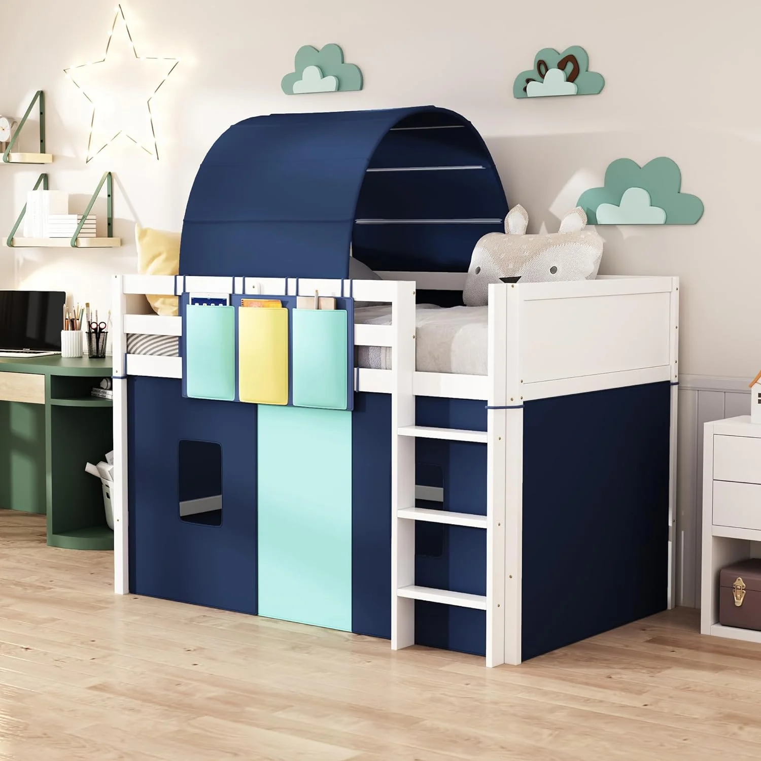 Low Loft Bed Frame With Tent & Tower. Wood Kids Loft Bed With Three Pockets. Storage Bed Frame For Kids.Teens. Boys Girls. Blue