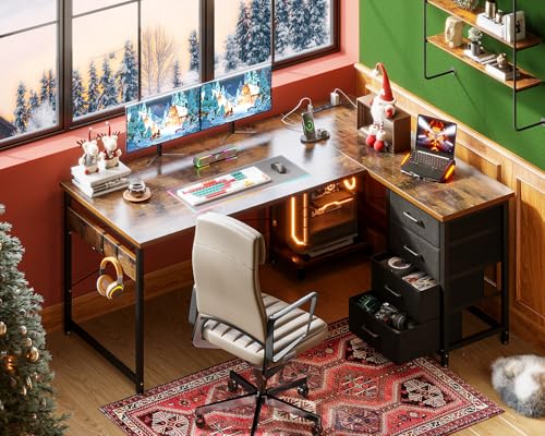 AODK L Shaped Gaming Desk with 4 Drawers, 61" Reversible Home Office Desks with Power Outlets