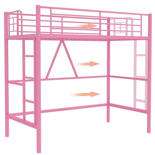 VECELO Loft Bed Twin Size, Metal Bedframe with Removable Ladder and Safety Guardrail, No Box Spring Needed, Space Saving, Noise Free, Pink