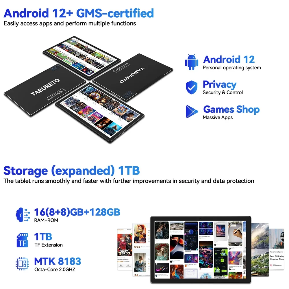 Tablet, 10.1 inch Android Tablets,Android 12 Tablet,16(8+8)GB RAM 128GB ROM,8MP+13MP Camera,1280x800 IPS Google Tablets