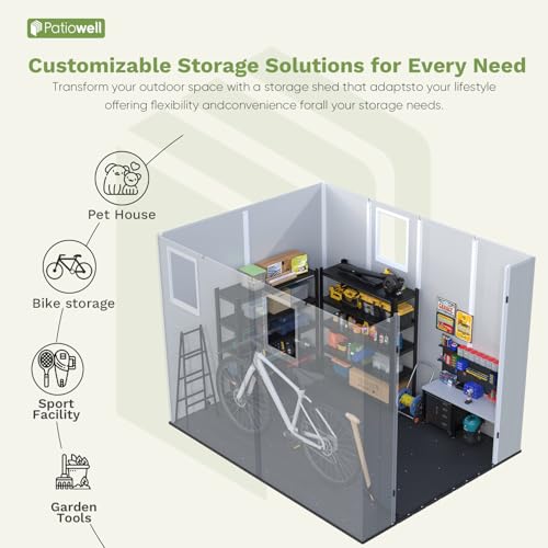 Patiowell 6 x 8 FT Plastic Outdoor Storage Shed with Floor, Resin Outside Tool Shed with Two Windows and Lockable Easy to Install, Door for Garden