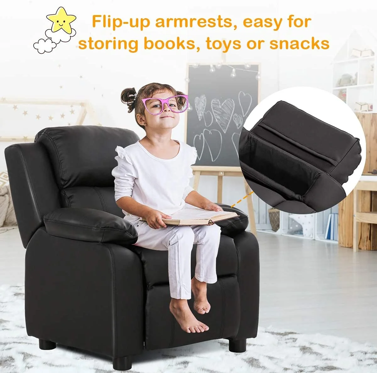 Kids Recliner, Leather Recliner Chair w/Footrest, Armrest Storage, Headrest & Lumbar Support, Ergonomic Lounge Chair for Living & Gaming Room
