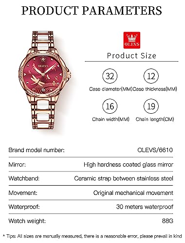 OLEVS Rose Gold Women's Watches, Ceramic Stainless Steel Band, Automatic Mechanical Watch, Waterproof Luminous Pointer Calendar