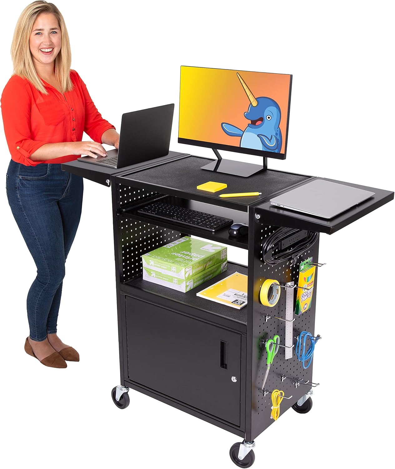 Line Leader Stellar AV Cart | Computer Cart with Pegboard Siding & 12 Hooks for Customizable Storage | Locking Cabinet & Pullout Keyboard Tray | UL