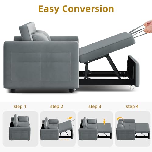 DWVO 55" Convertible Sofa Bed, 3-in-1 Sleeper Sofa with Pull-Out Bed, Velvet Futon Couch with Adjustable Backrest and Side Pocket