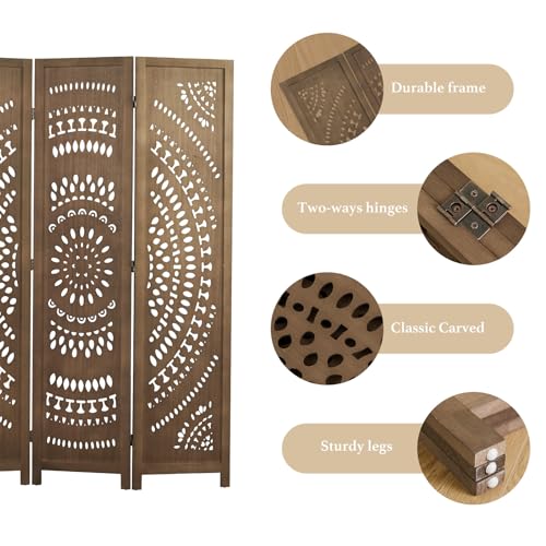66.9Inch Folding Room Divider, 6 Panels Wood Carved Privacy Screens