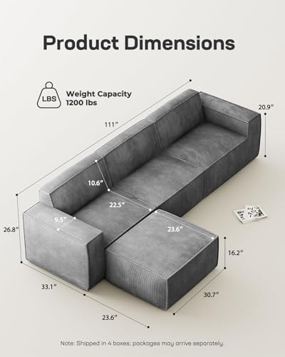 Marsail 111" L-Shape Sofa, Modular Cloud Couches with Deep Seats & High-Back, Corduroy Sectional Sofa for Living Room Bedroom with Ottoman