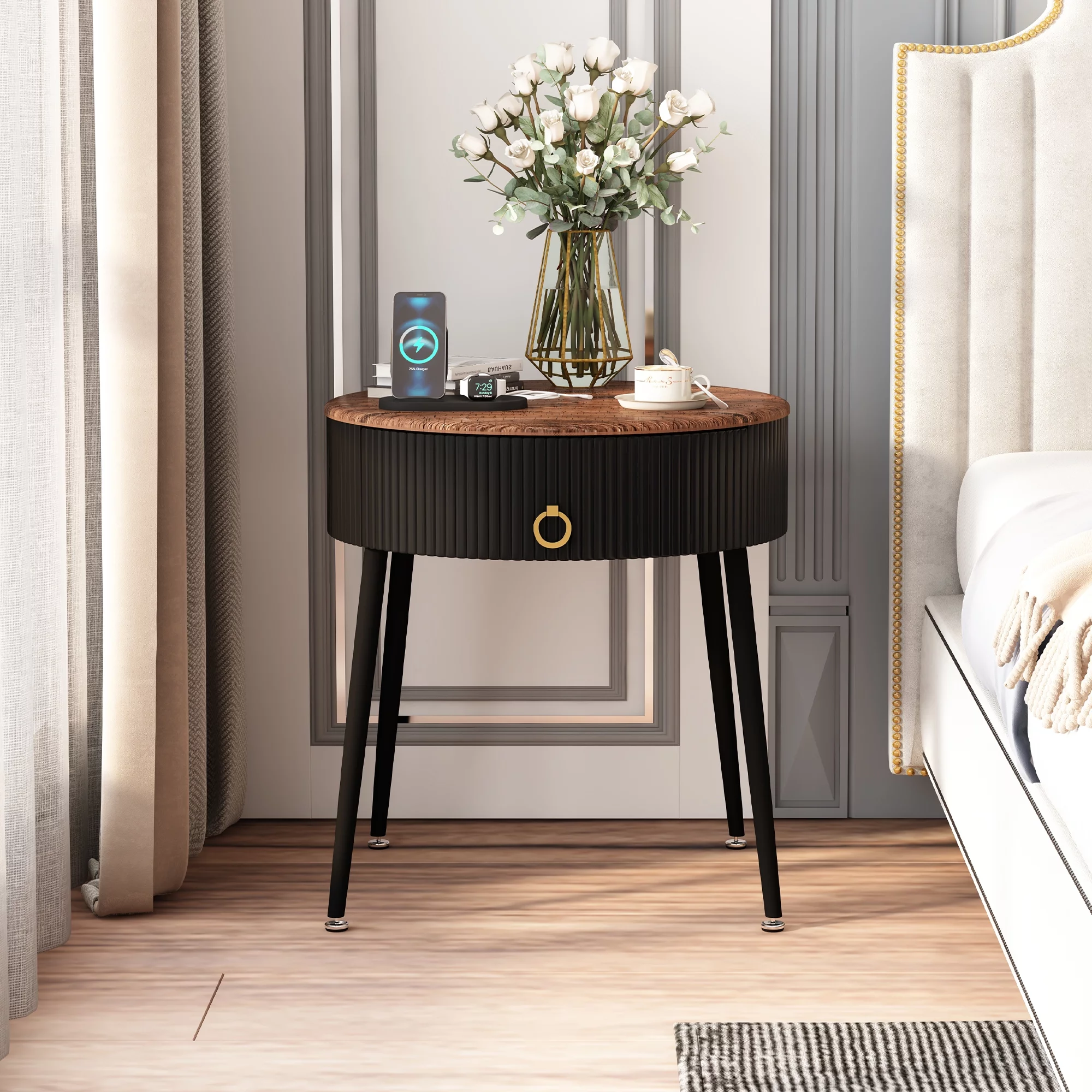 ASYA Black Metal End Table Set of 2, Wood Nightstand Side Table with Drawer, Round Accent Table for Home Living Room Bedroom, 20.63''H