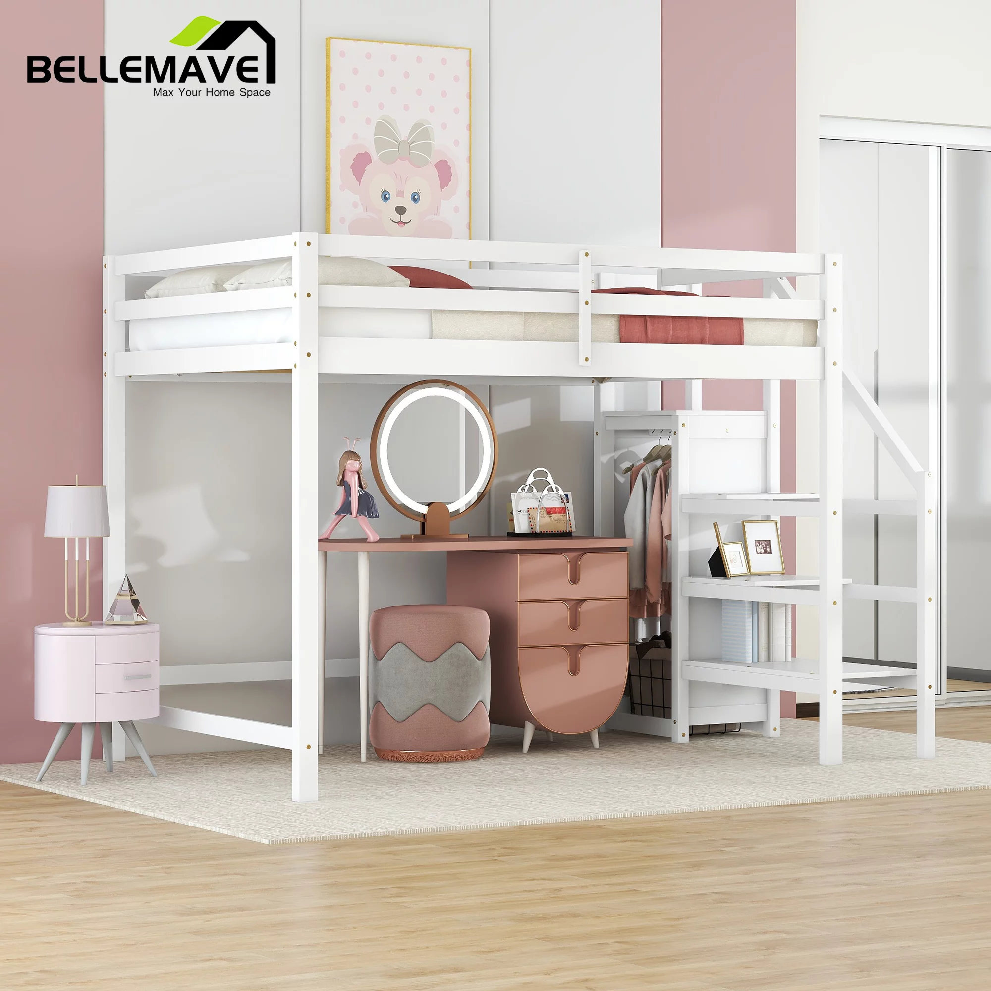 Bellemave Full Size Loft Bed with Storage Staircase Wooden Full Loft Bed Frame with Built-in Storage Wardrobe and Guardrails for Kids, Teens