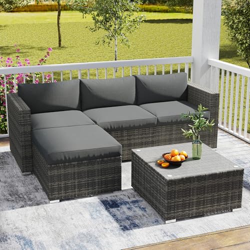Wisteria Lane 5 Piece Outdoor Patio Furniture Set, All Weather Wicker Rattan Sectional Sofa Conversation Set with Cushions & Large Glass Coffee Table