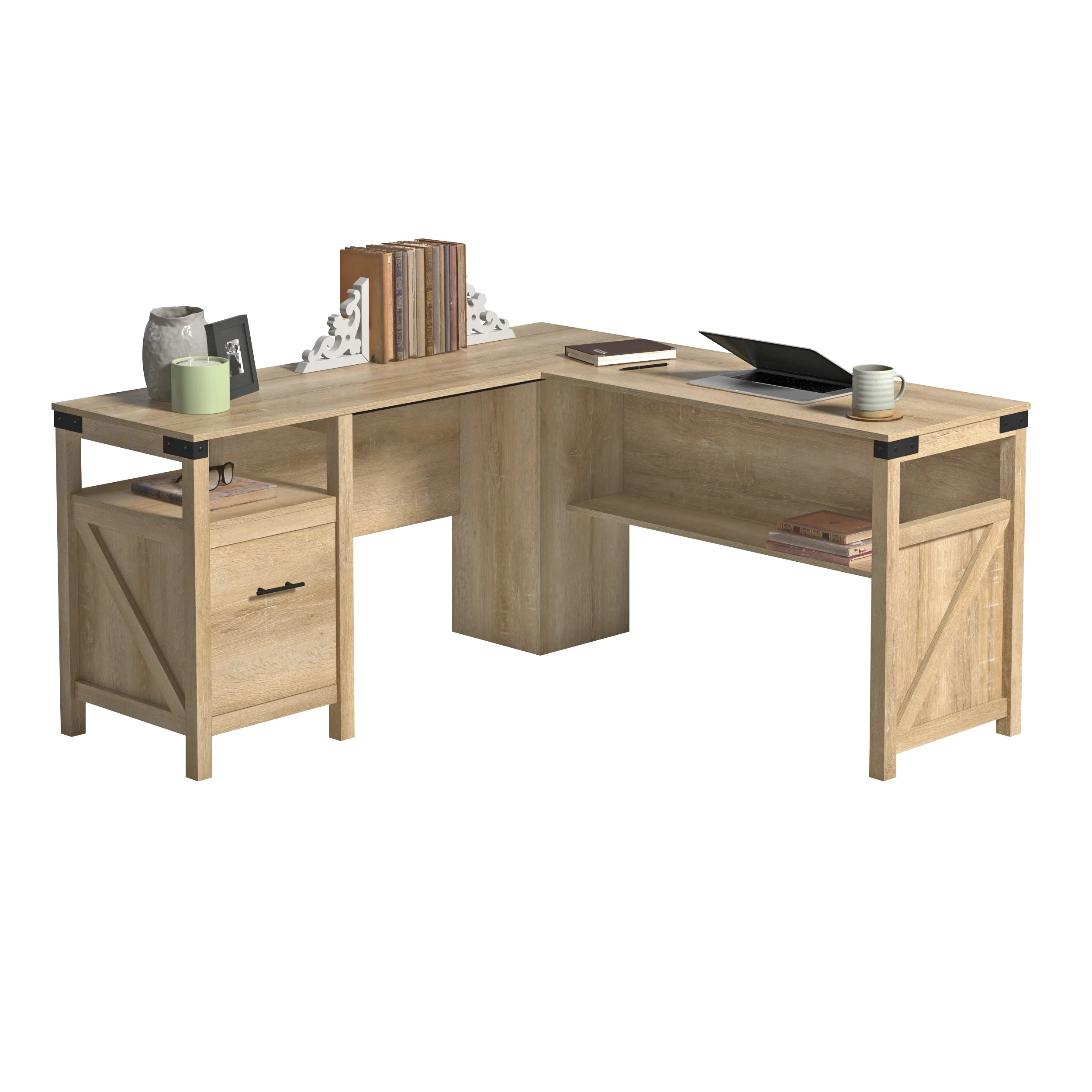 Sauder Saddler Way L-Shape Computer Desk with File Drawer, Orchard Oak Finish